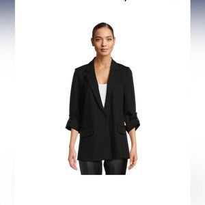 Women's Relaxed Fit Button Front Ponte Blazer with Adjustable Sleeves Black. NWT